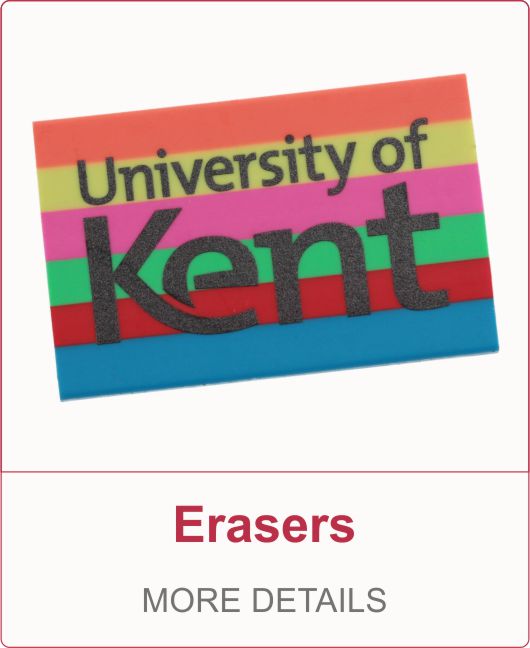 A range of erasers in various shapes and sizes which can be personalised as a promotional gift or souvenir
