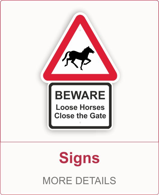 A range of warning signs for cattle, sheep, horses, and hedgehogs as well as waymarkers and public footpath sign.